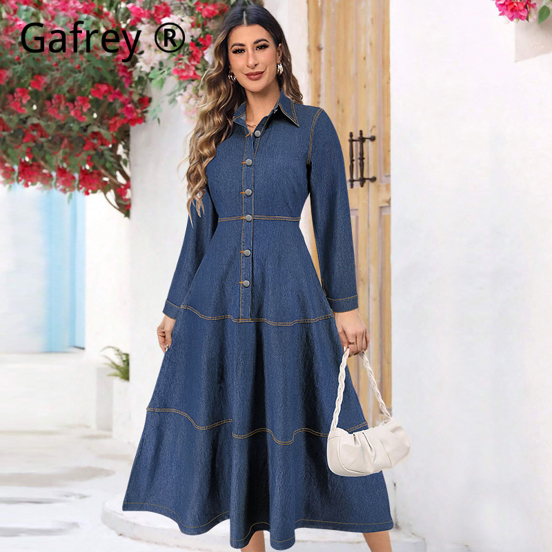 Vintage Fashion Women Dresses - 新作デニムジーンズシャツワンピース 長袖 ラペルカラー ウエストシンチベルト付き マキシ丈ワンピース ポケット付き