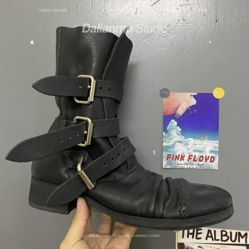 Vintage Fashion Style Men - ファッションメンズ本革バイクブーツバックルストラップミッドカーフヴィンテージチャンキーヒール女性用しわ加工ウエスタンカウボーイブーツ