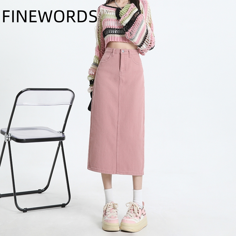 Denim Skirt Midi Vintage - Fine単語-女性のピンクのデニムスカート,ハイウエスト,ストレート,ストリートウェア,原宿,スプリットジーンズ