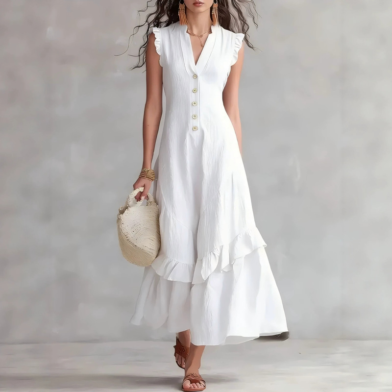 Vintage Fashion Women Dresses - 女性のエレガントなコットンリネンルーズパーティードレスファッションドレープフリルボタンロングドレスセクシーなVネックノースリーブソリッドローブドレス