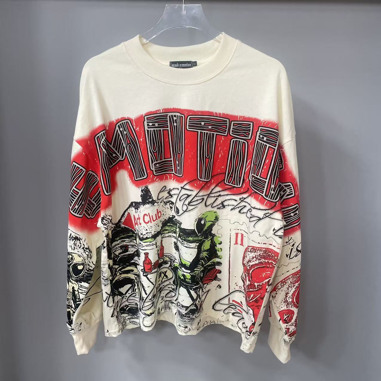 Vintage Fashion Prints - 高品質デザイナー MIXED-EMOTION 長袖Tシャツ 100%コットン メンズ＆レディース ヴィンテージプリント＆ホットフィックスラインストーン