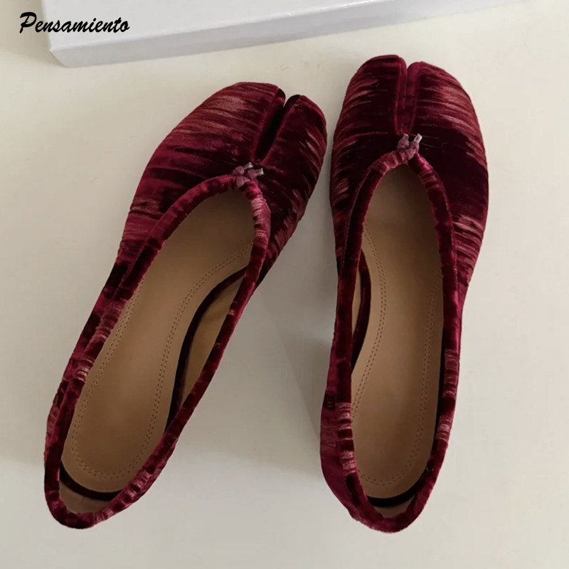 Vintage Fashion Designers - ファッションプリーツデザイナーフランネルスプリットトゥ女性用バレエパンプスヴィンテージローヒールタビローファーカジュアルソフトソールウォーキングシューズ