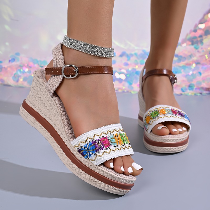 Vintage Fashion Prints - 夏のボヘミアンスタイル、編み込みデザインの女性用ヒールミュール、ヴィンテージ風アンクルストラップウェッジ、厚底レディースシューズ、サンダル（女性用）