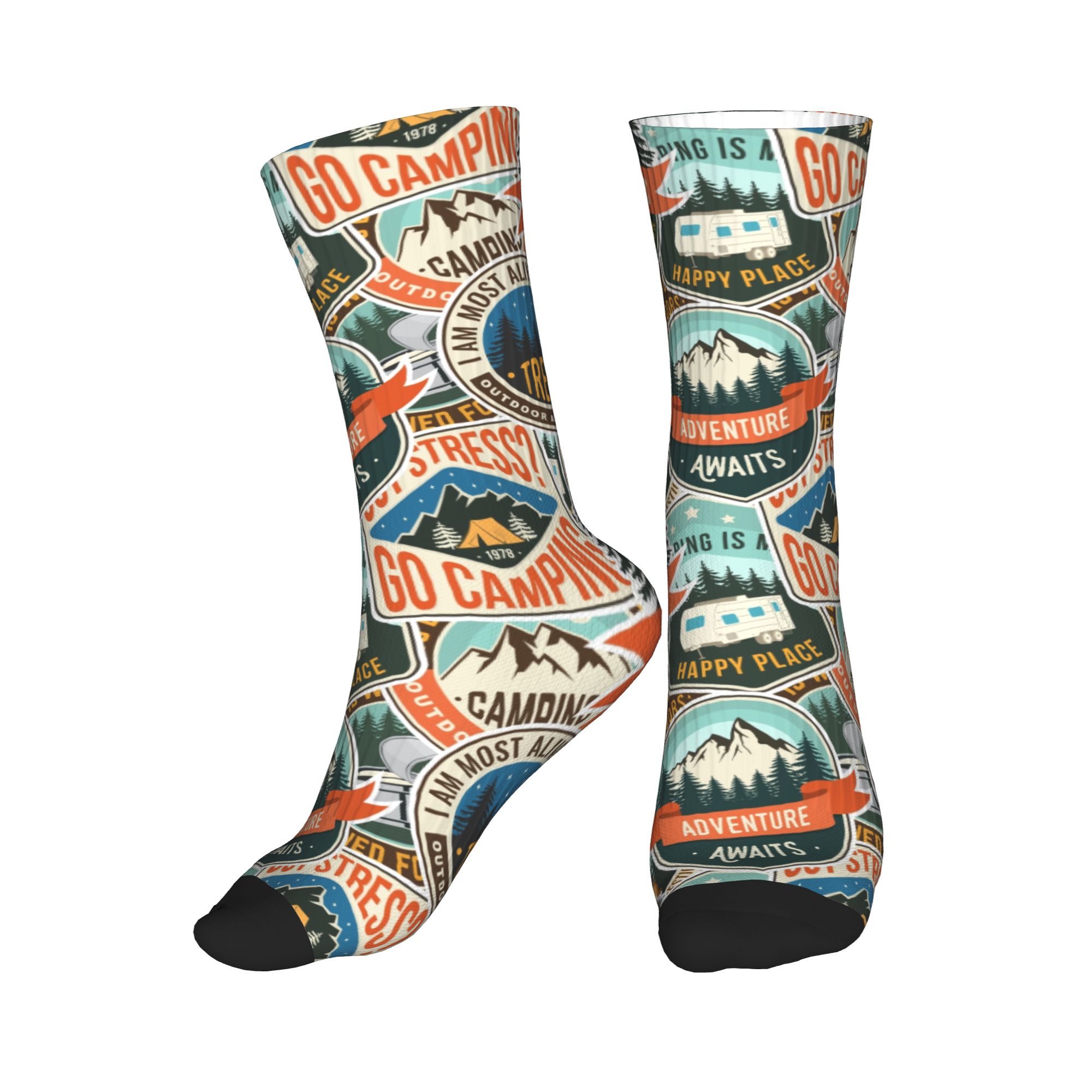 Vintage Fashion Prints - ファッションメンズヴィンテージマウンテンキャンプバッジアウトドアシームレスプリントドレスソックスユニセックス通気性暖かい3Dプリントクルーソックス