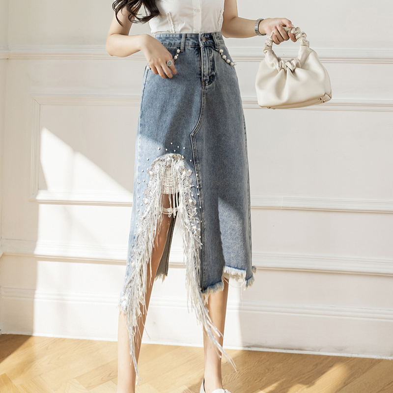 Denim Skirt Midi Vintage - ビーズのデニムスカート,ヴィンテージS-5XL,スリット入り,フリンジ付きミディスカート,大きな業界,不規則なルーズフィット