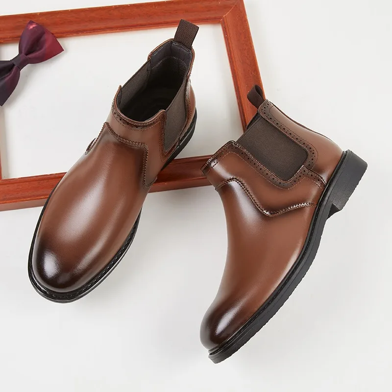Vintage Fashion Style Men - ヴィンテージメンズレザーオックスフォードブーツ高級ハンドメイド2026春新作ファッションブリティッシュスタイルラウンドトゥスリッポンアンクルソーシャルシューズ男性用