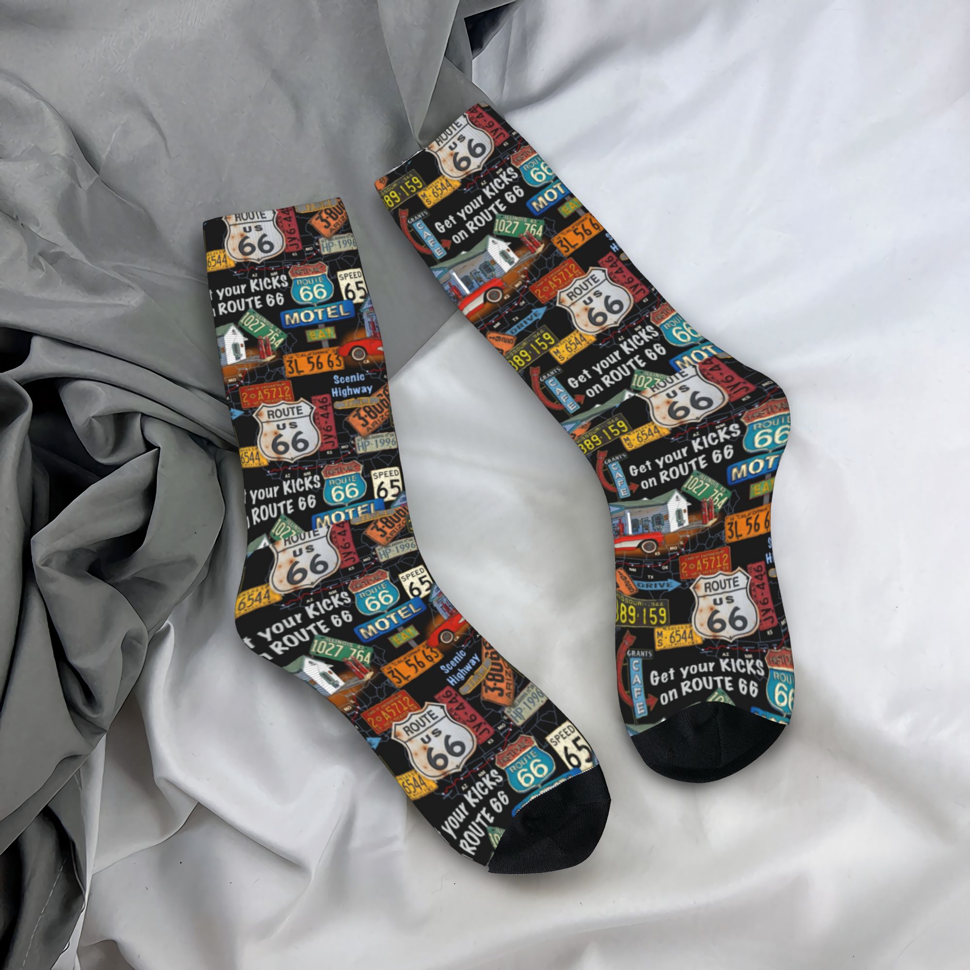 Vintage Fashion Prints - カスタムファッションヴィンテージアメリカロードルート66ソックス男性女性暖かい3Dプリントバスケットボールスポーツソックス
