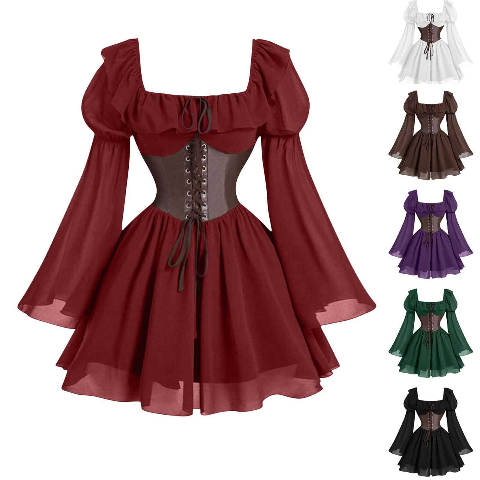 Vintage Fashion Women Dresses - ルネサンス中世風長袖パフスリーブドレス ハロウィンカーニバルパーティー ウエストマーク付き宮廷風ファッション レトロビクトリア朝ドレス