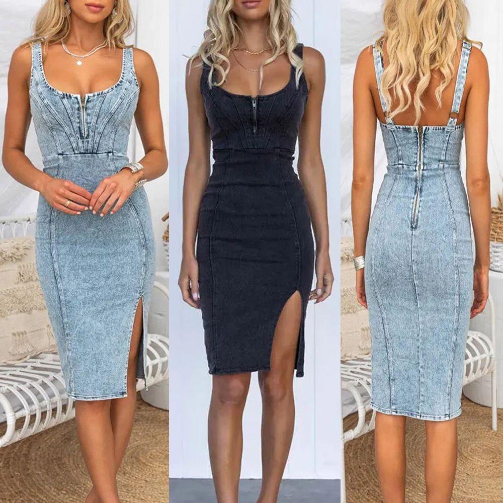 Denim Skirt Midi Vintage - 2023 ヴィンテージ U ネックストラップレス半袖デニムドレスカジュアルスタイルレディースドレスミディスカートシティウォークシングルピース
