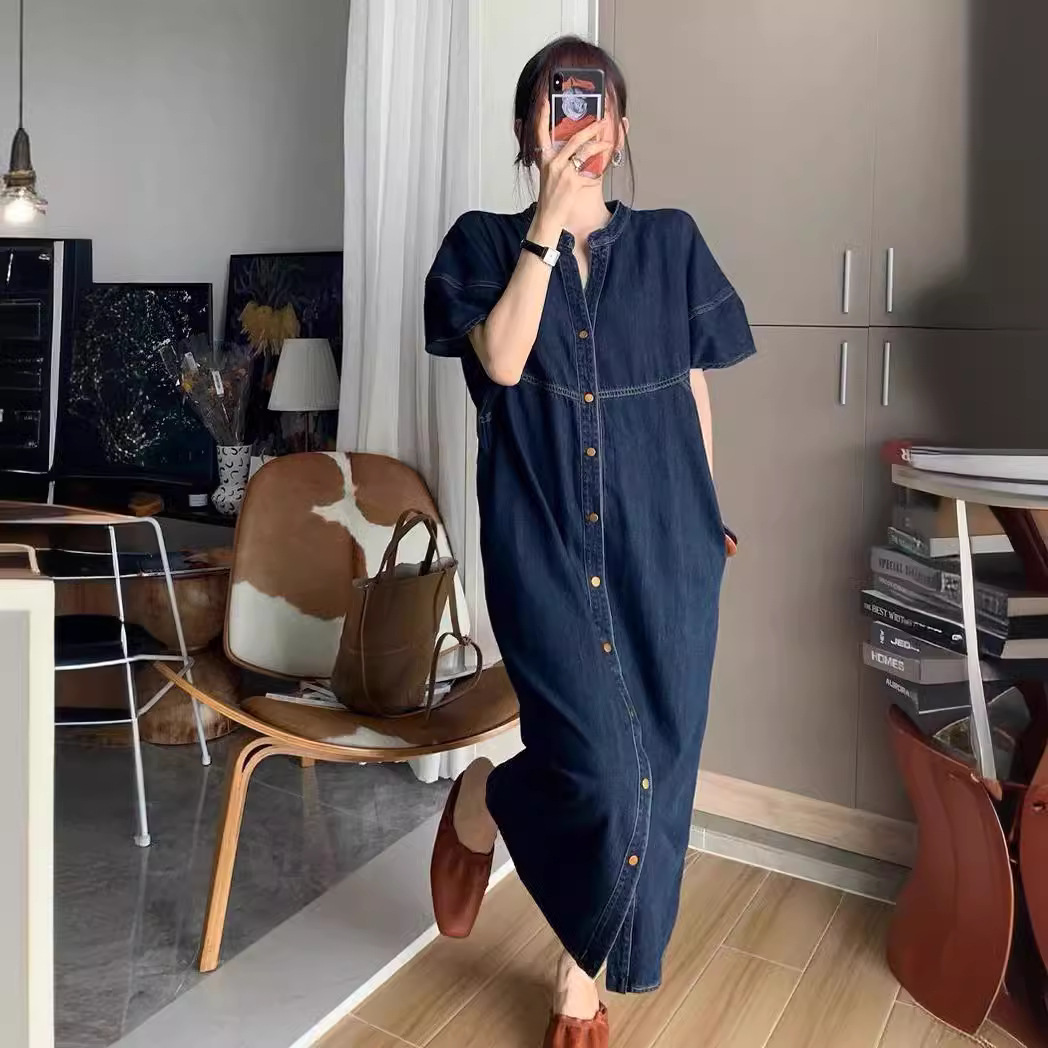 Vintage Fashion Women Dresses - 新しいフランスのヴィンテージ風ルーズデニムロングドレス、レディース春夏ファッション半袖Vネック気質海外風ドレス