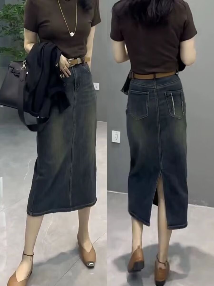 Denim Skirt Midi Vintage - ハイウエストAラインミディ丈デニムスカート レディース 夏物 プラスサイズ ヴィンテージ風 スリム効果
