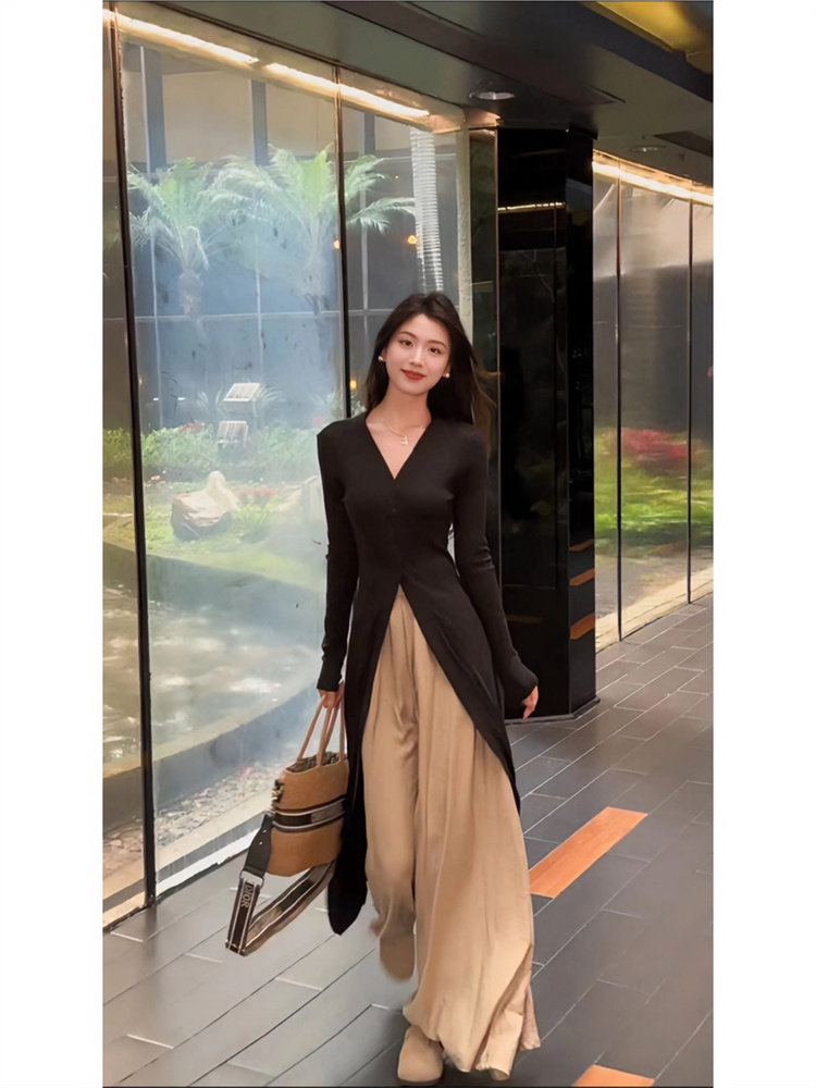Vintage Fashion Years - 美術学生風ヴィンテージロングコート＆パンツセット レディースドレープスカート＆ハイウエストトラウザーズ おしゃれカジュアルコーデ 春服