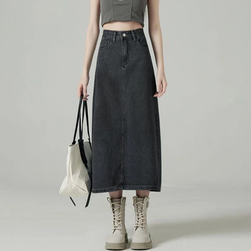 Denim Skirt Midi Vintage - デニムスカート女性ミディバックスリットヴィンテージルーズストリートウェアシックな A ライン気性カジュアル韓国スタイル女性春ファルダシンプル