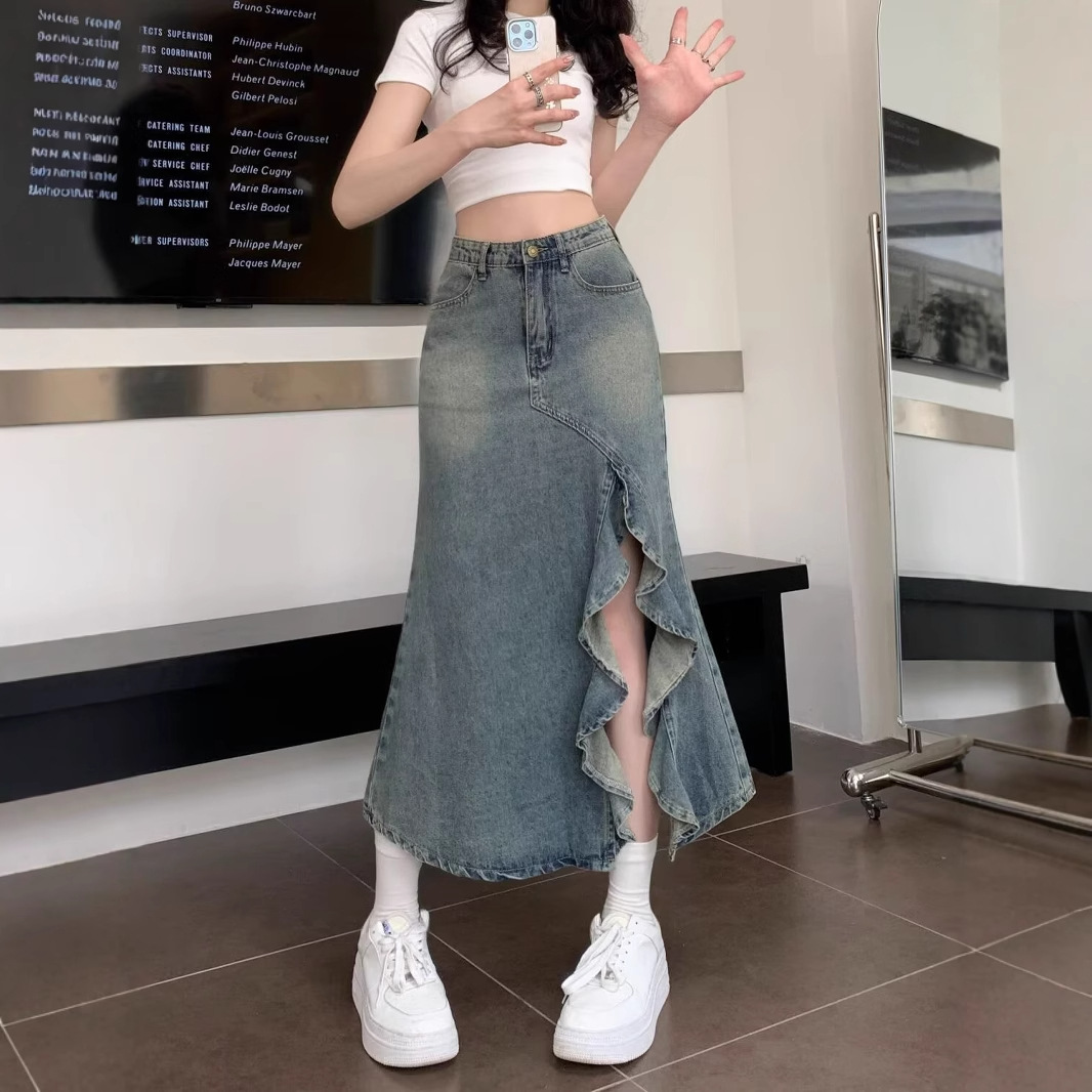 Denim Skirt Midi Vintage - 韓国ハイウエストヴィンテージブルーデニムスカートレディースイレギュラーラッフルスリットマーメイドミディスカートストリートウェアボトムス