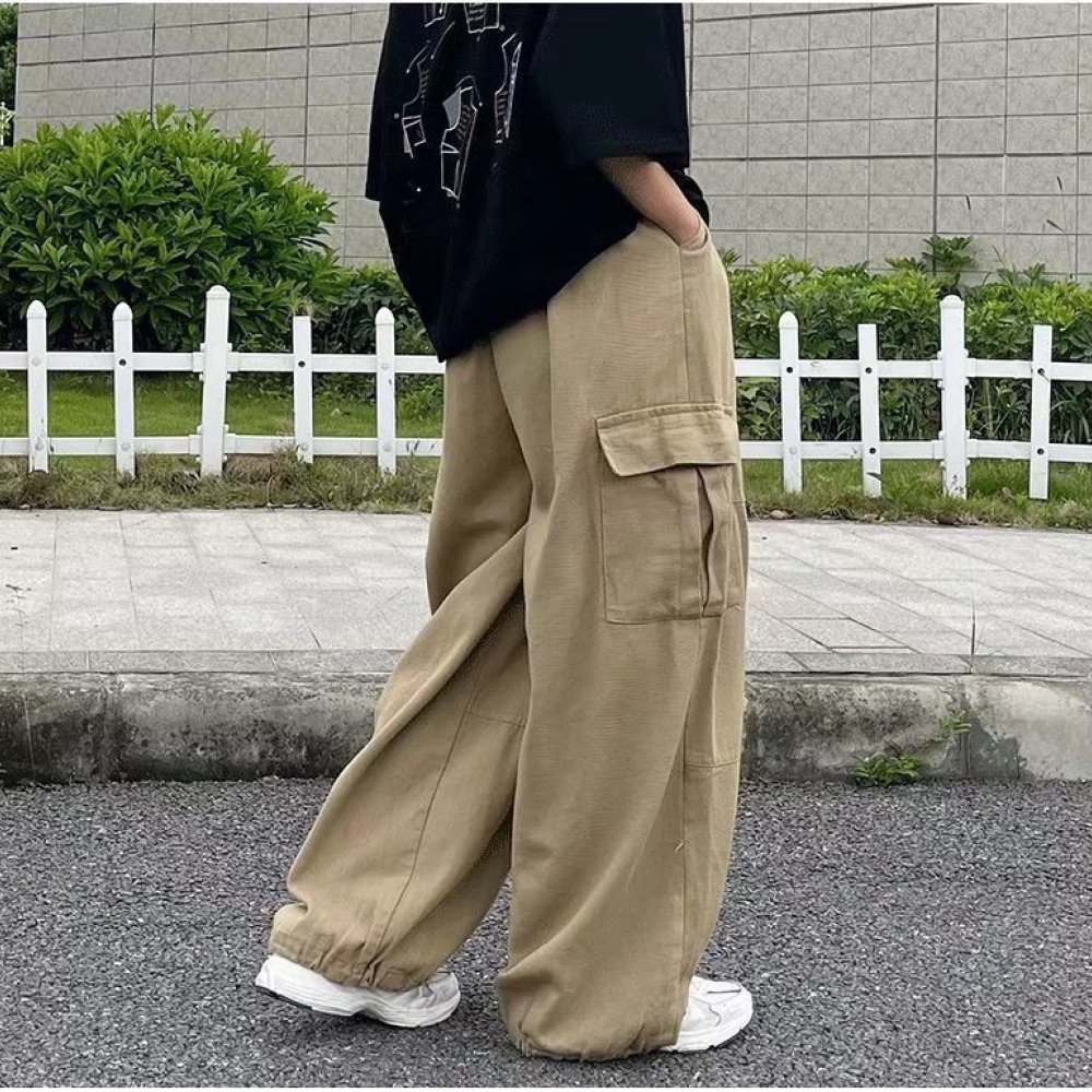 Vintage Fashion Style Men - 日本のストリートウェアカーゴパンツ メンズ ルーズストレートレッグトラウザーズ カジュアルファッション ヴィンテージスタイル 快適なワイドレッグボトムス