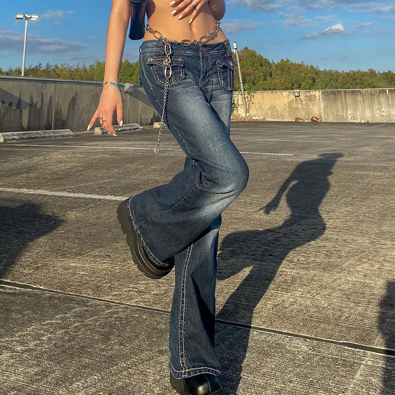 Vintage Fashion Instagram - 2026年欧米秋の女性服インスタグラムファッションレトロヴィンテージトレンドローウエストポケットジーンズ（女性用）
