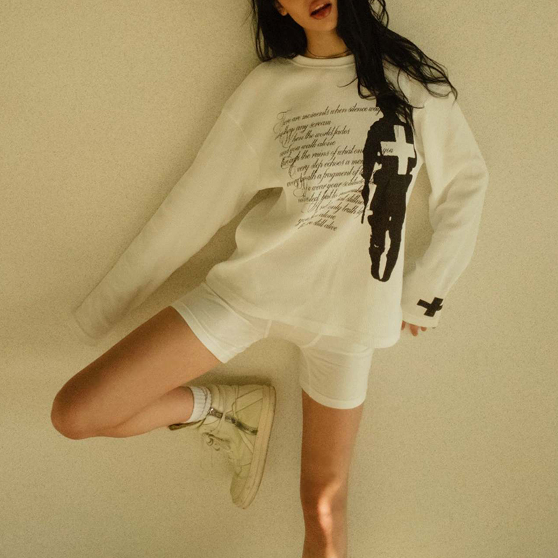 Vintage Fashion Prints - ファッション原宿秋ストリートトレンドヴィンテージプリントラウンドネックTシャツ