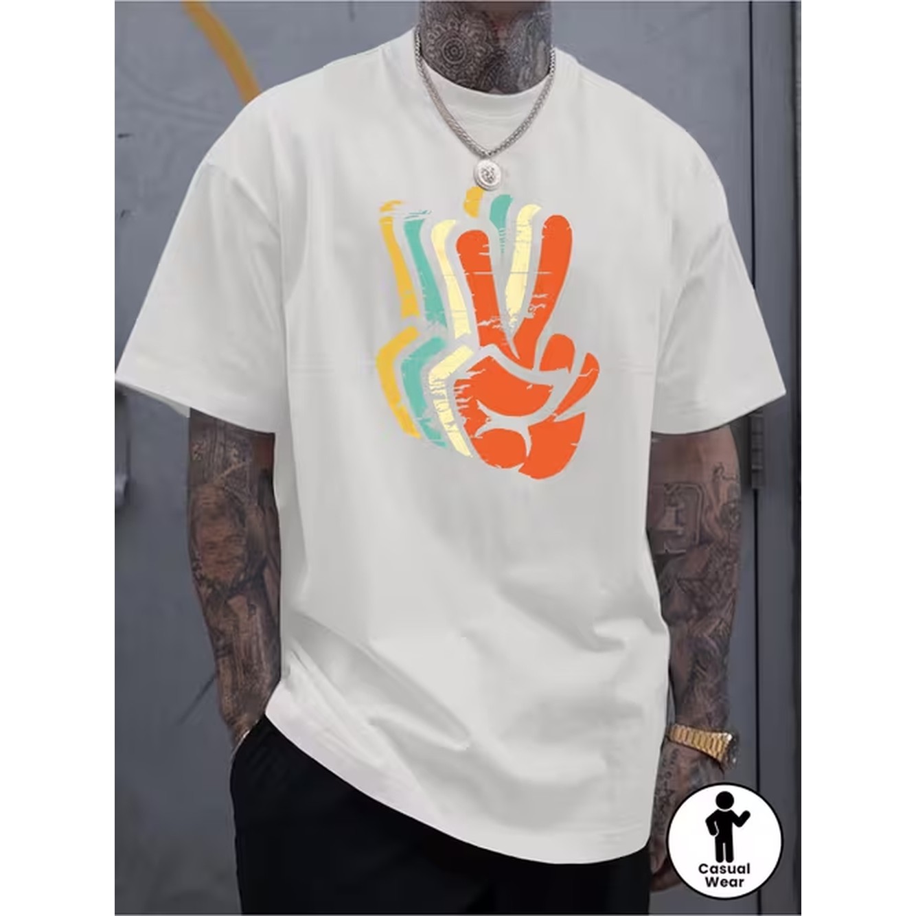 Vintage Fashion Style Men - 商品画像 メンズ レトロ柄プリント半袖Tシャツ シャツ サインと抽象的なジェスチャーデザイン レギュラーフィット
