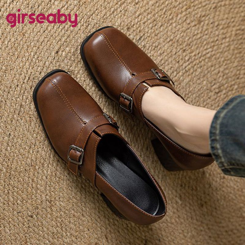 Vintage Fashion Plus Size - Girseaby ヴィンテージ女性パンプススクエアトゥブロックヒールスリップオンベルトバックルプラスサイズ 45 46 47 ソフトファッション新デザイン夏の靴
