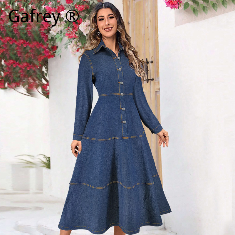 新作デニムジーンズシャツワンピース 長袖 ラペルカラー ウエ - Vintage Fashion Women Dresses のレビューと価格