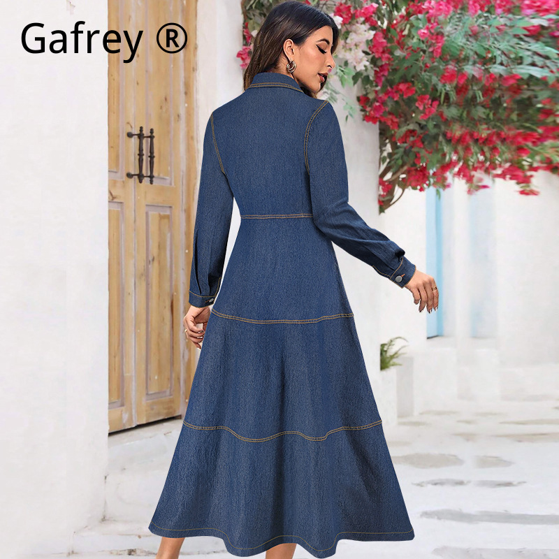 新作デニムジーンズシャツワンピース 長袖 ラペルカラー ウエ - Vintage Fashion Women Dresses のレビューと価格