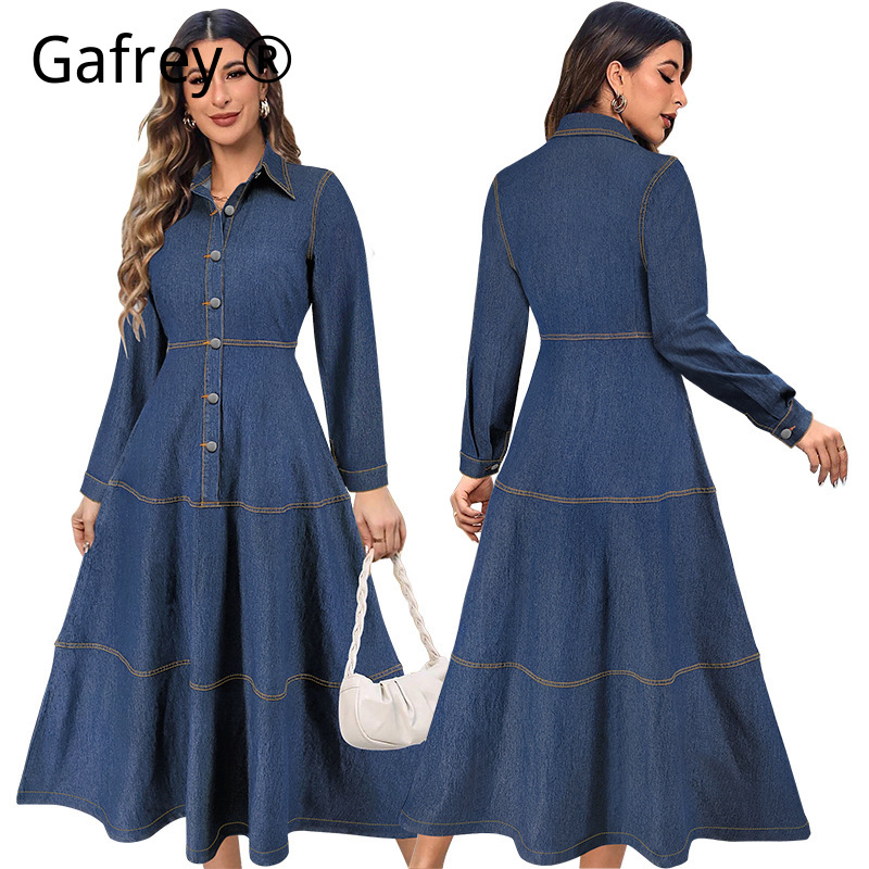 新作デニムジーンズシャツワンピース 長袖 ラペルカラー ウエ - Vintage Fashion Women Dresses のレビューと価格