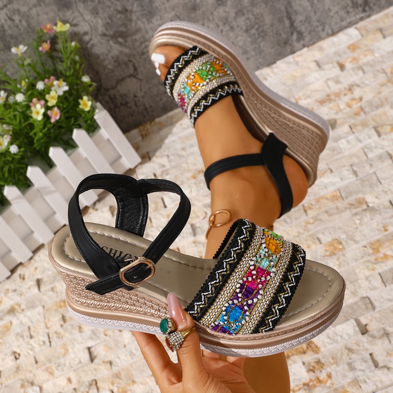 夏の女性のハイヒールサンダルカラフルな編み込みスリングバック - Vintage Fashion Prints のレビューと価格