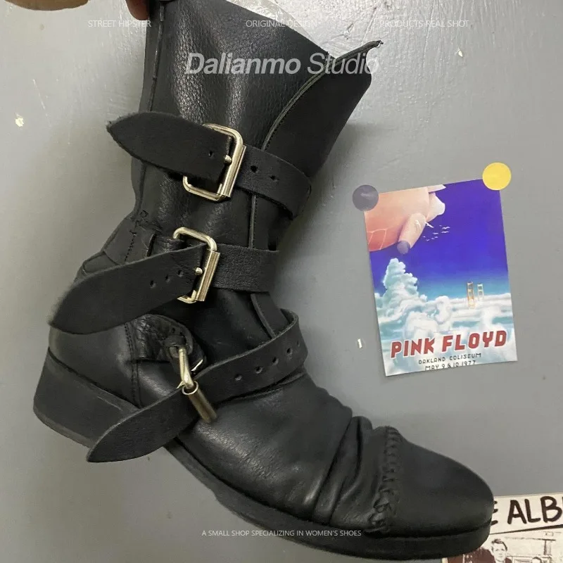 ファッションメンズ本革バイクブーツバックルストラップミッドカ - Vintage Fashion Style Men のレビューと価格