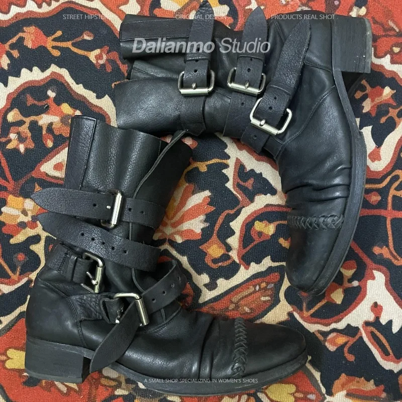 ファッションメンズ本革バイクブーツバックルストラップミッドカ - Vintage Fashion Style Men のレビューと価格