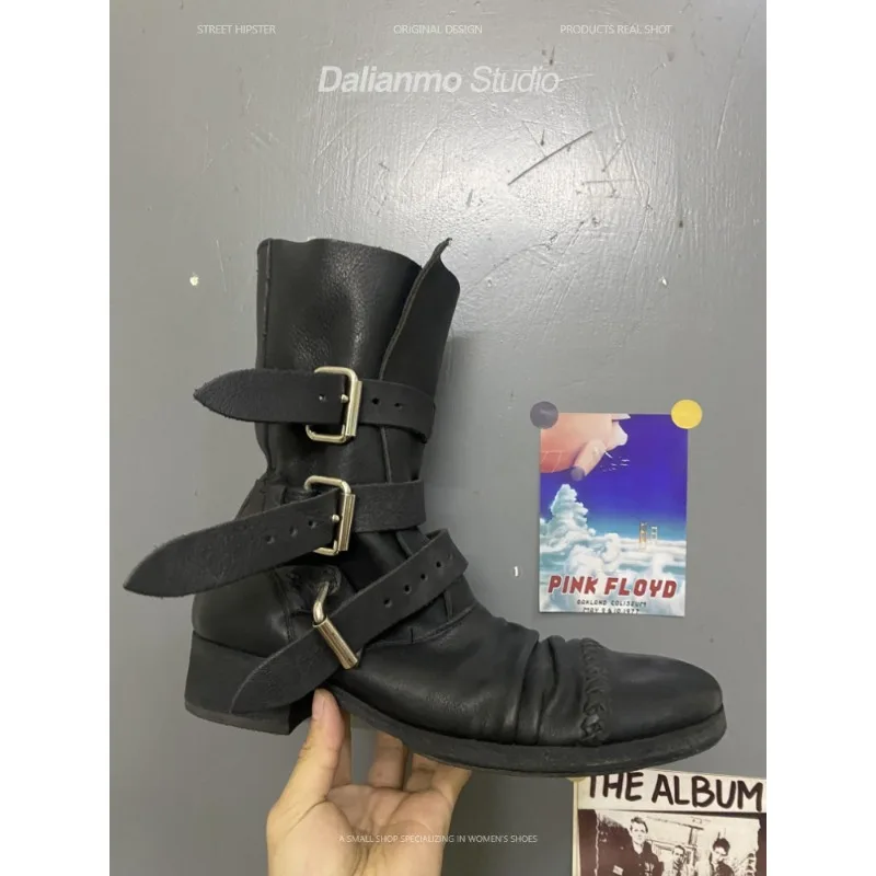 ファッションメンズ本革バイクブーツバックルストラップミッドカ - Vintage Fashion Style Men のレビューと価格