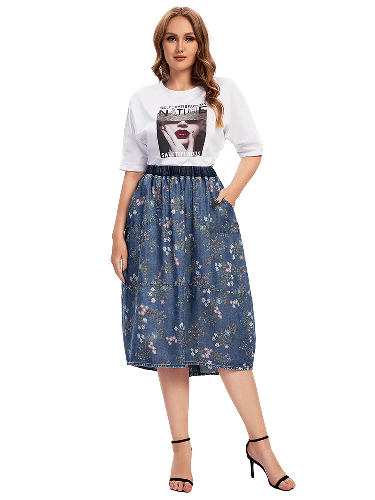 レディースカジュアルブルーデニムスカート,ハイウエスト,フレ - Vintage Fashion Plus Size のレビューと価格