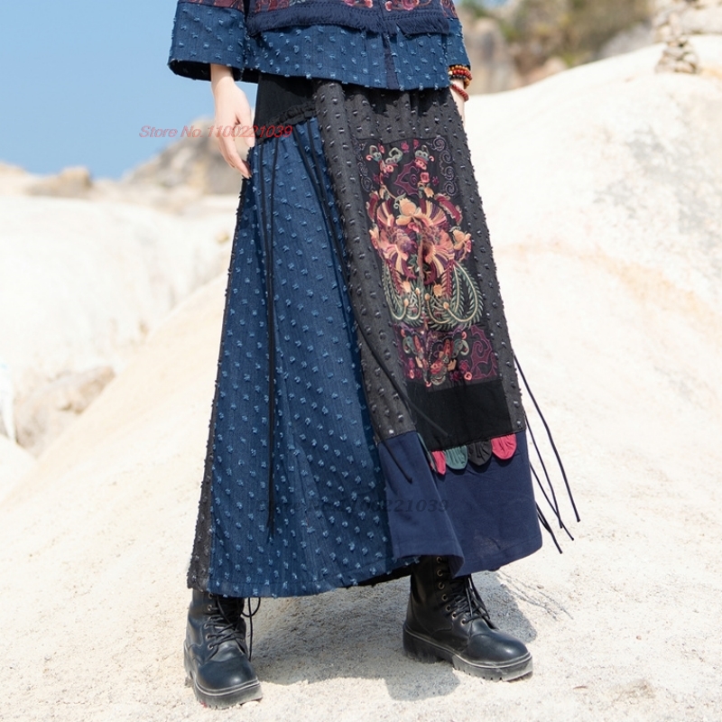 2026年伝統的な民族風デニムパッチワークスカート、国花刺繍 - Denim Skirt Midi Vintage のレビューと価格