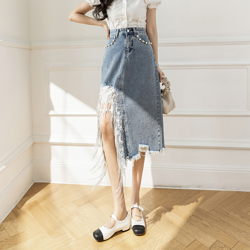 ビーズのデニムスカート,ヴィンテージS-5XL,スリット入り - Denim Skirt Midi Vintage のレビューと価格