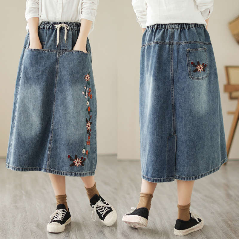 日本のヴィンテージ森ガールフラワープリント刺繍デニムスカート - Denim Skirt Midi Vintage のレビューと価格