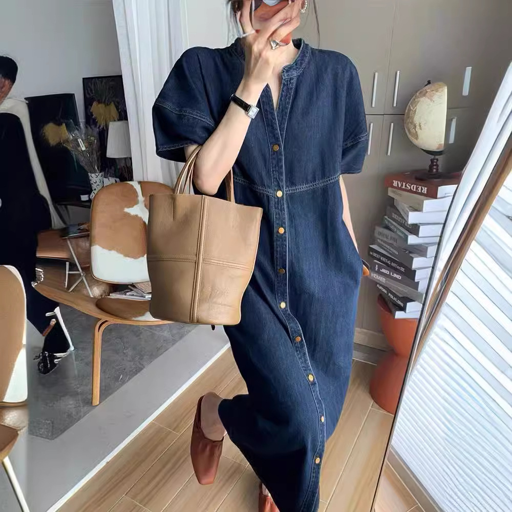 新しいフランスのヴィンテージ風ルーズデニムロングドレス、レデ - Vintage Fashion Women Dresses のレビューと価格