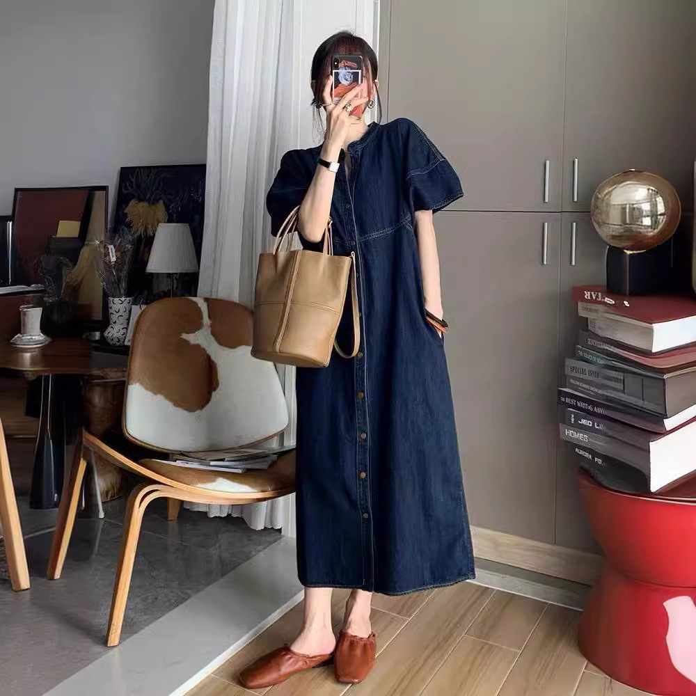 新しいフランスのヴィンテージ風ルーズデニムロングドレス、レデ - Vintage Fashion Women Dresses のレビューと価格