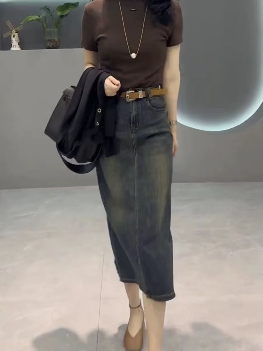 ハイウエストAラインミディ丈デニムスカート レディース 夏物 - Denim Skirt Midi Vintage のレビューと価格
