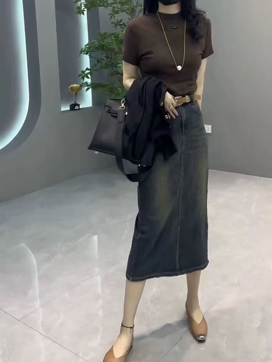 ハイウエストAラインミディ丈デニムスカート レディース 夏物 - Denim Skirt Midi Vintage のレビューと価格