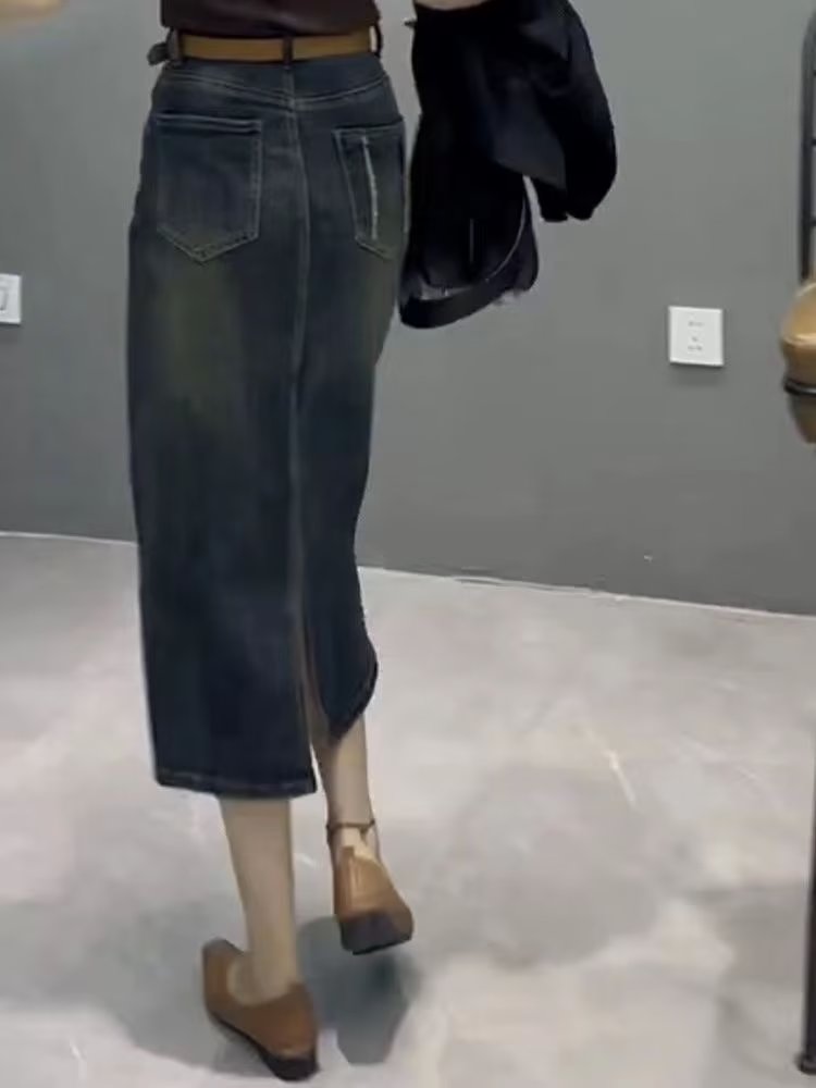 ハイウエストAラインミディ丈デニムスカート レディース 夏物 - Denim Skirt Midi Vintage のレビューと価格