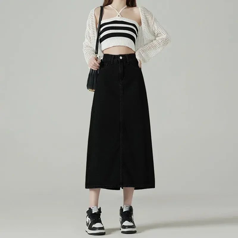 デニムスカート女性ミディバックスリットヴィンテージルーズスト - Denim Skirt Midi Vintage のレビューと価格